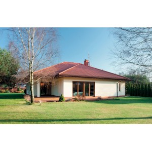 Casa con facciata chiara e tetto di tegole rosse, circondata dal verde. Pittura per esterni.