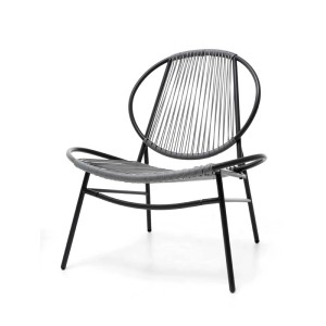 Poltrona da esterno t.b.t., intreccio in corda grigia su telaio in metallo nero.
