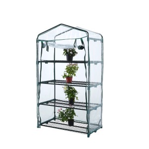 Piccola serra con quattro ripiani e piante.