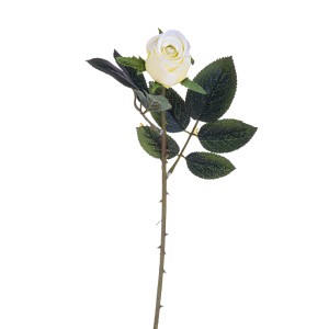 Rosa artificiale color crema decorativa con foglie verdi. Ideale come decorazione duratura.