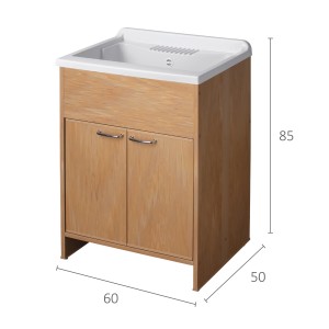 Mobile lavatoio t.b.t. con lavabo bianco e finitura effetto legno.
