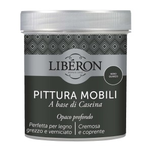 Vernice per mobili Liberon grigio scuro per legno. Barattolo con etichetta.