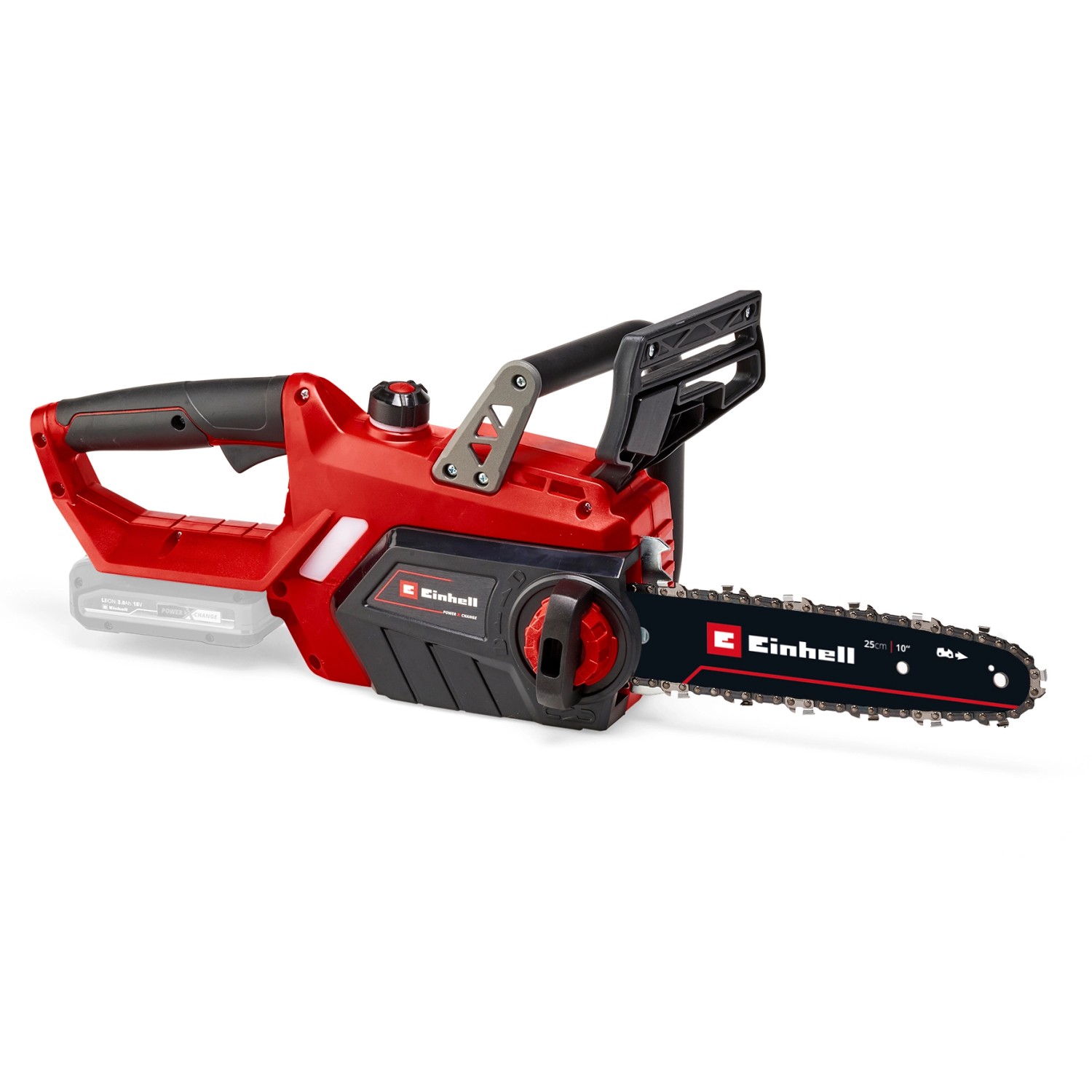 Motosega a batteria Einhell Power X-Change GE-LC 18/25 Li Solo, rossa/nera. Motosega compatta per giardinaggio.