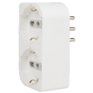 Adattatore multiplo t.b.t. bianco con due prese e spina laterale.