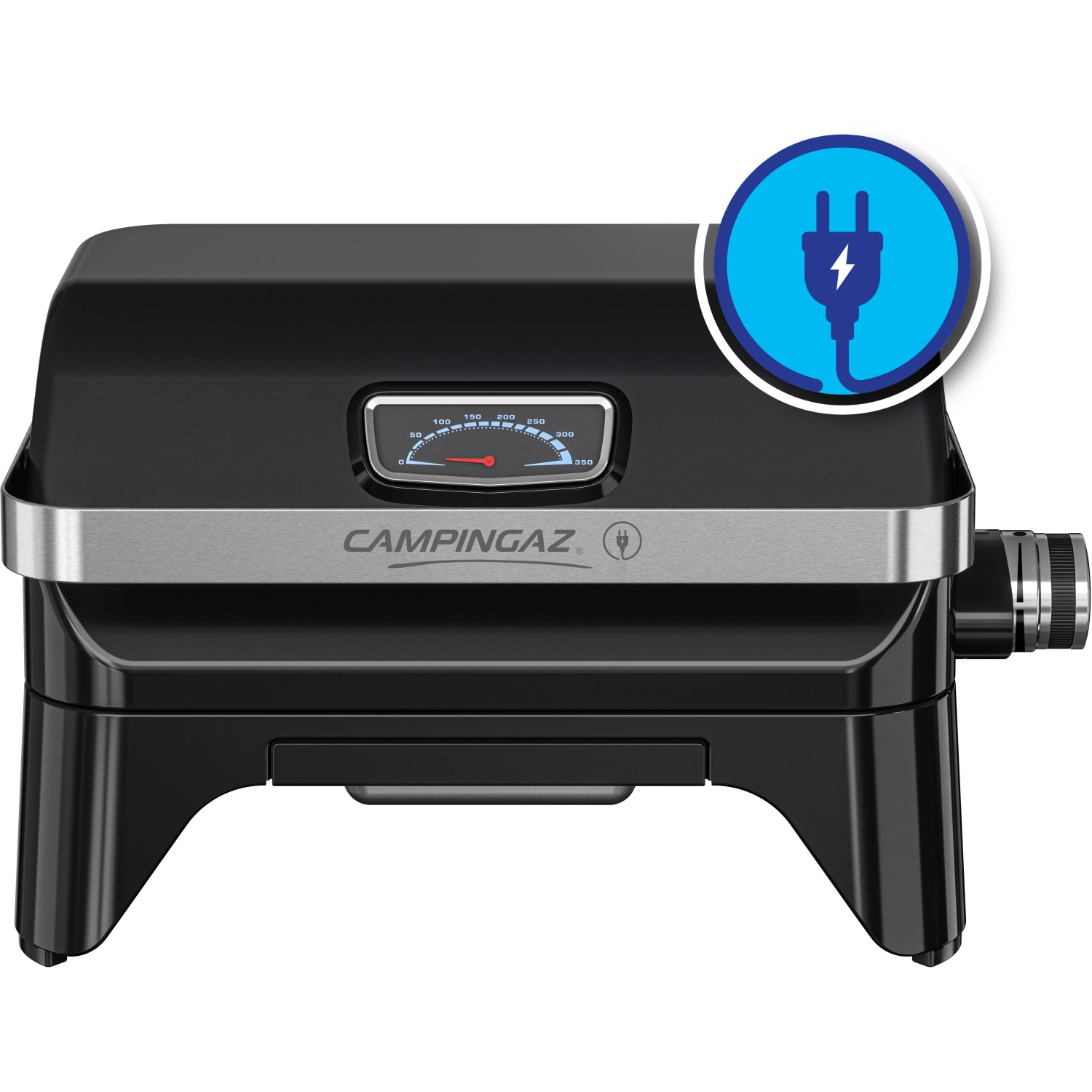Campingaz Barbecue elettrico Attitude 2 Go Electric, grill da tavolo compatto nero con indicatore di temperatura.