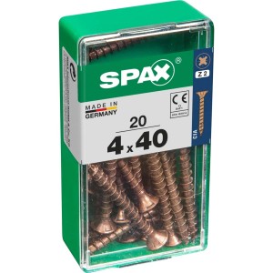 Viti per legno SPAX 4x40 mm, 20 pezzi in contenitore di plastica verde.