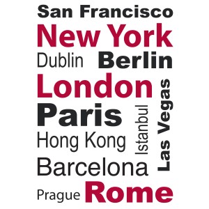 Adesivo da parete t.b.t. con nomi di città in rosso e nero.