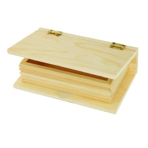 Scatola di legno aperta a forma di libro, adatta per accessori per artisti. Legno naturale con cerniere dorate.