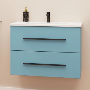 Mobile bagno t.b.t. blu con due cassetti, lavabo bianco, rubinetto e dispenser sapone.