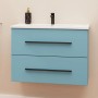 Mobile bagno t.b.t. blu con due cassetti, lavabo bianco, rubinetto e dispenser sapone.