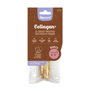 Snack per l'igiene dentale del cane con collagene e manzo, confezionato.
