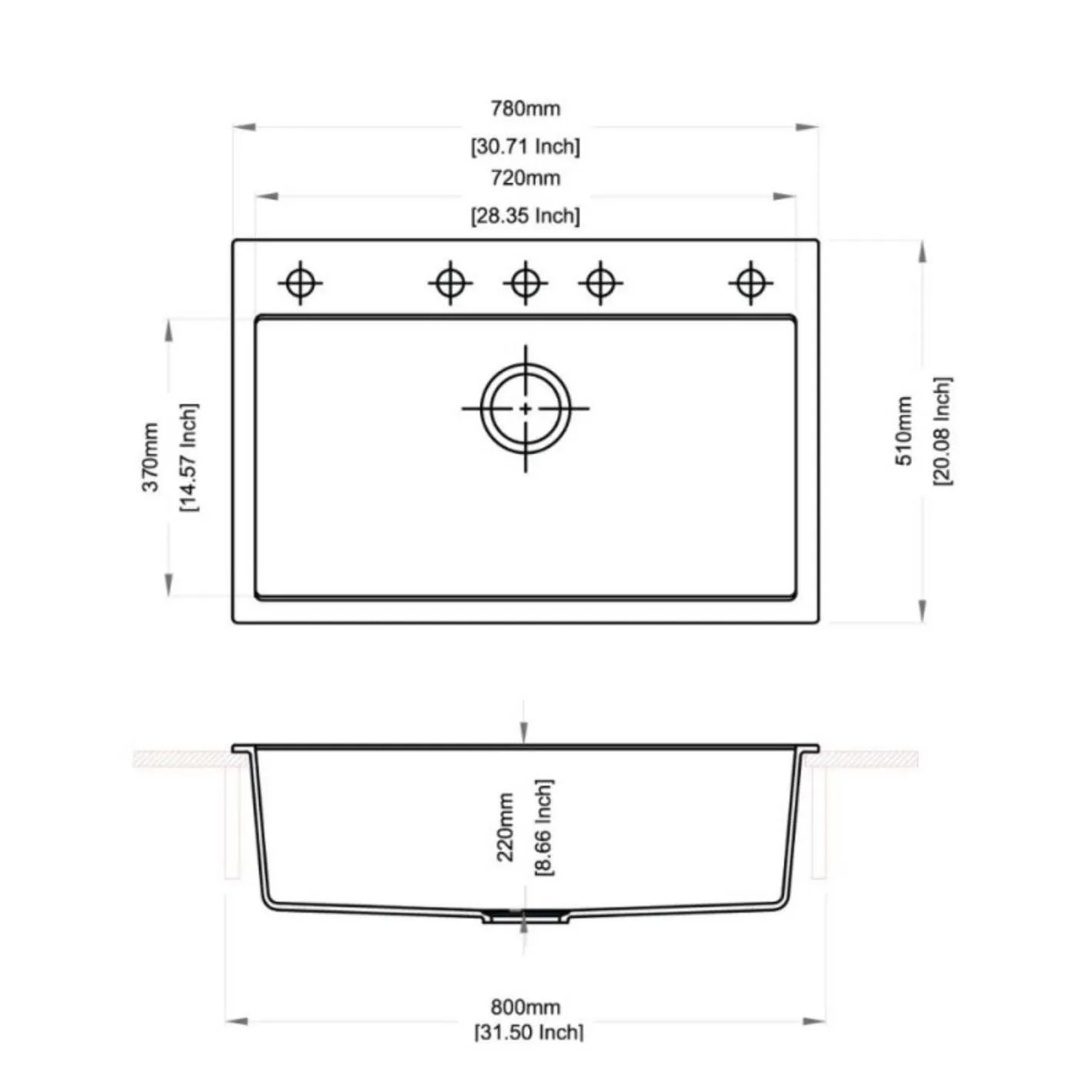 Disegno tecnico lavello: vista superiore e laterale con dimensioni in mm e pollici.