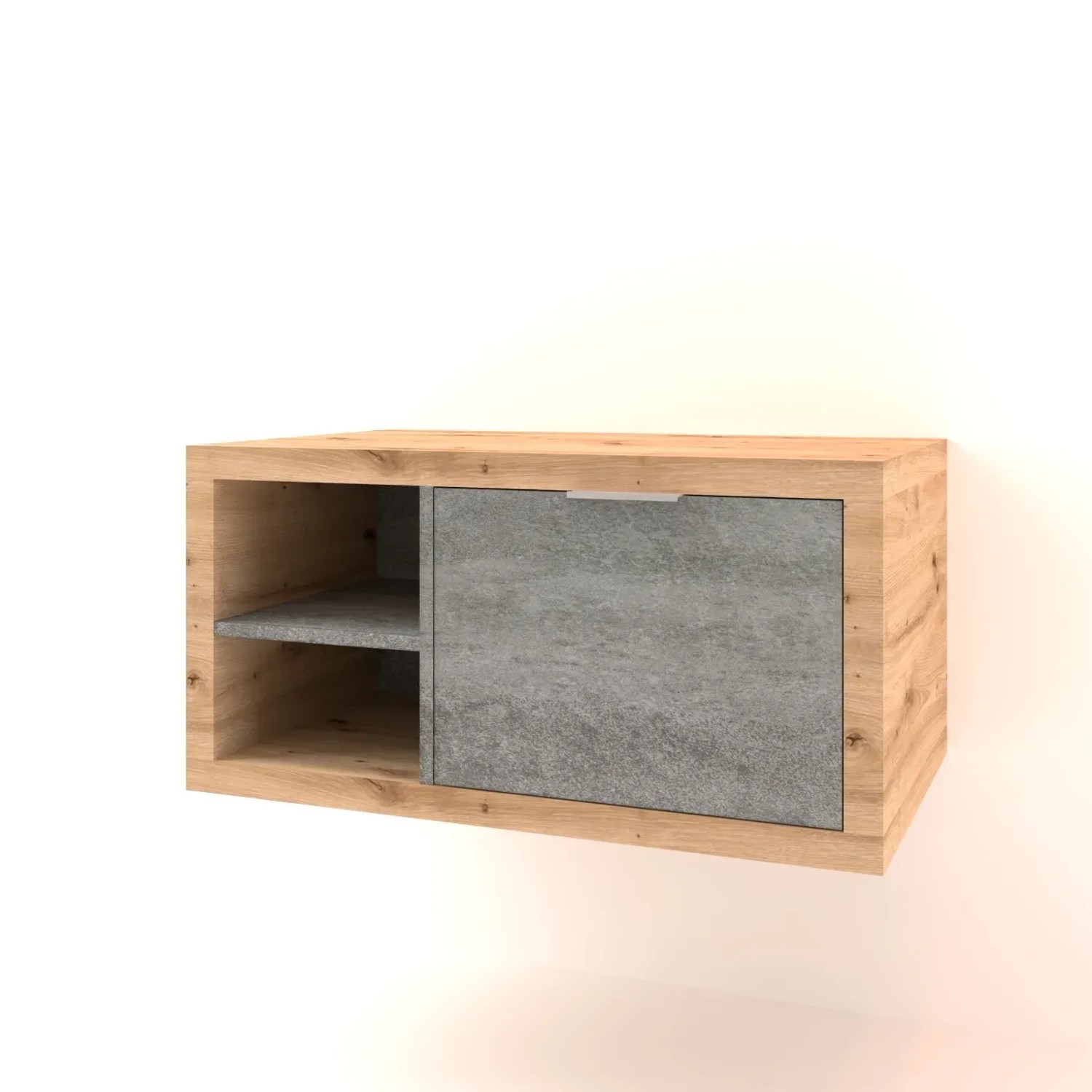 Mobile bagno sospeso effetto legno con anta grigia e vano a giorno.