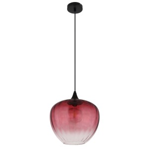 Lampada a sospensione t.b.t. con paralume in vetro rosa per illuminazione d'atmosfera.