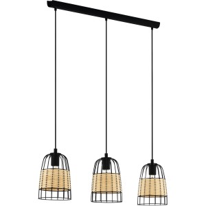 Lampada a sospensione nera Anwick a 3 luci con paralume in rattan per zona living.