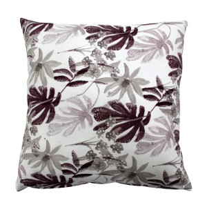 Fodera per cuscino decorativa con motivo floreale nei toni del grigio e del lilla.