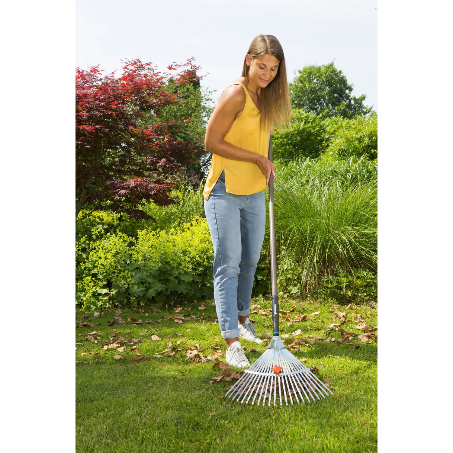 Donna che rastrella le foglie con un rastrello per foglie. Categoria: Rastrelli e scope per foglie.