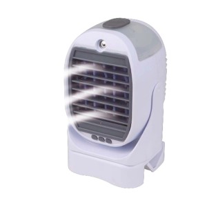 Ventilatore t.b.t. bianco compatto con funzione di raffreddamento per tavolo.