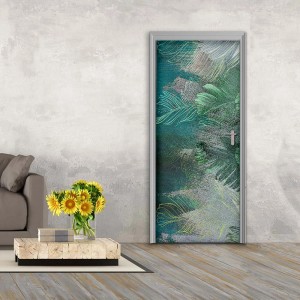 Fotomurale t.b.t. con motivo astratto a foglie in verde e turchese su una porta.