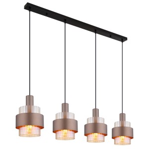 Moderna lampada a sospensione t.b.t. con quattro lampade e accenti color bronzo.