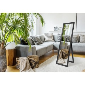 Specchio da parete t.b.t. nero in soggiorno moderno con pianta e divano.