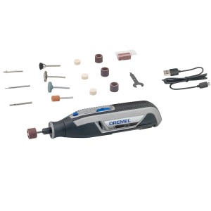 Miniutensile Dremel Lite 7760-15 con 15 accessori e cavo di ricarica USB.