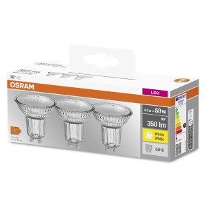 Lampadina LED GU10 Osram, confezione da 3, luce bianca calda, 350 lumen, 4,3W. Classe efficienza energetica F.