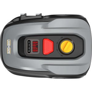 Robot tagliaerba t.b.t. grigio con display, pulsante di stop rosso e manopola gialla.
