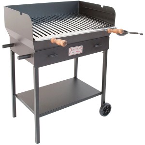 Barbecue a carbone nero con ripiano e ruote.