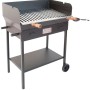 Barbecue a carbone nero con ripiano e ruote.