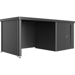 Tetto laterale Biohort in grigio scuro metallizzato per casetta Neo, con supporti e pluviali.