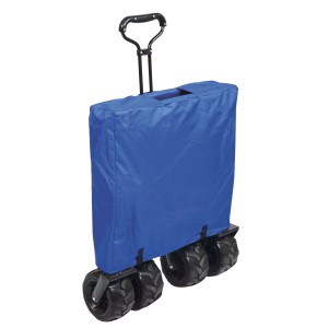 Carrello pieghevole blu da campeggio con maniglia e ruote.