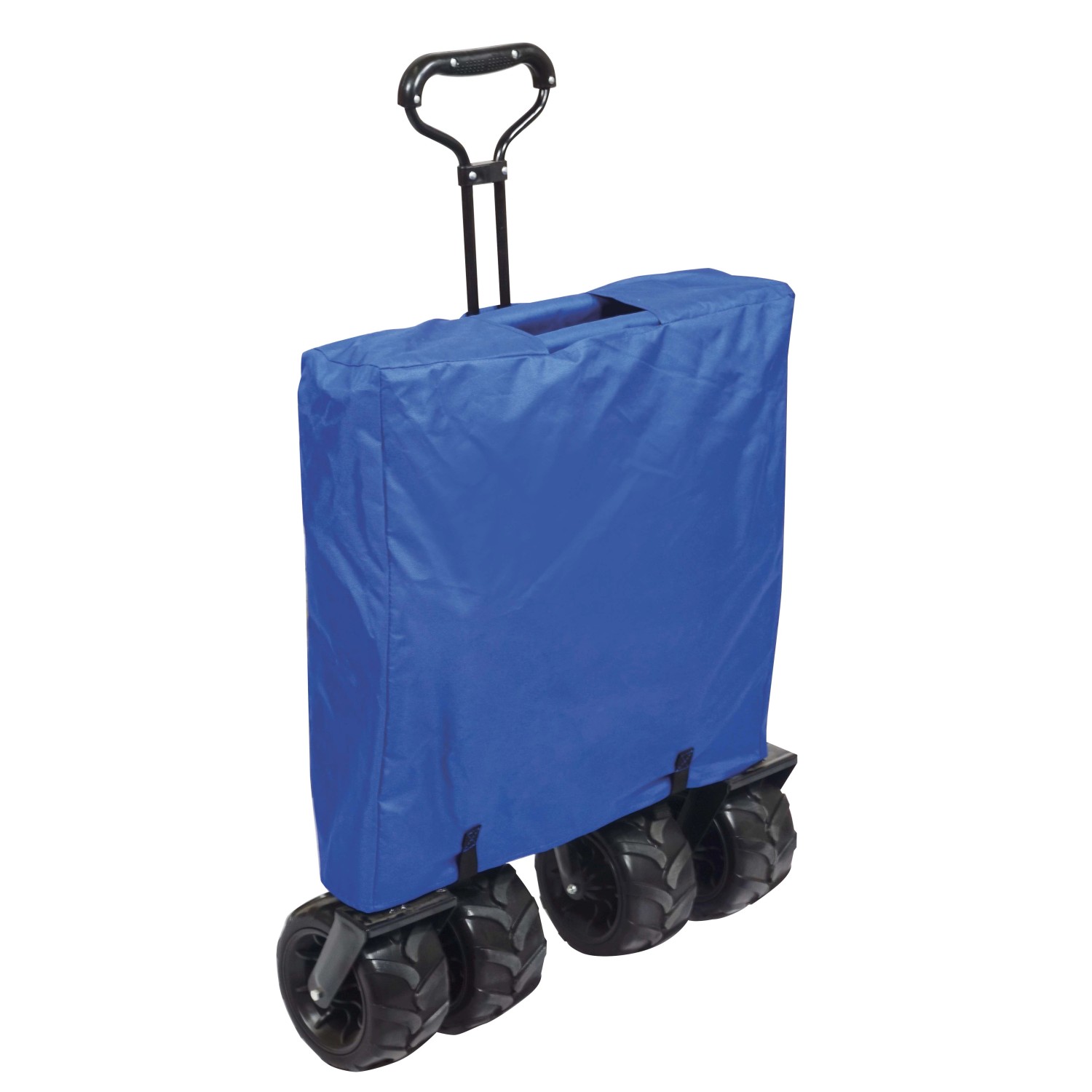 Carrello pieghevole blu da campeggio con maniglia e ruote.
