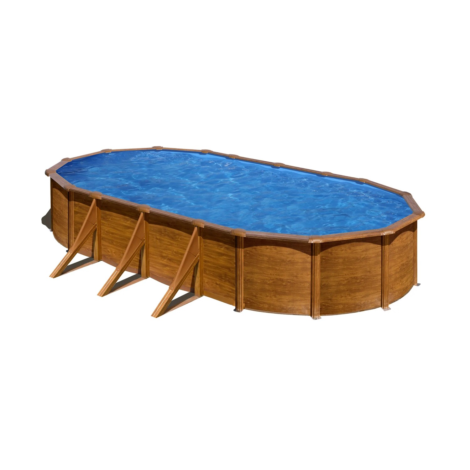 Piscina ovale Gre Pool Pacific effetto legno, 610x375x120 cm, riempita con acqua blu.