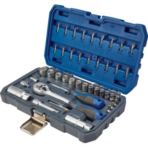 Set di chiavi a bussola LUX-TOOLS da 44 pz in valigetta blu aperta con cricchetto, impugnatura e inserti.