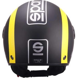 Casco nero t.b.t. con strisce gialle e logo per accessori auto.