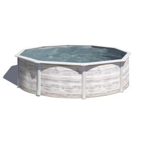 Piscina rotonda Gre Finlandia con look Nordic in bianco, Ø 460 cm x 120 cm. Piscina fuori terra con decoro legno.