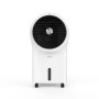 Ventilatore bianco mobile con uscita aria rotonda e ruote.