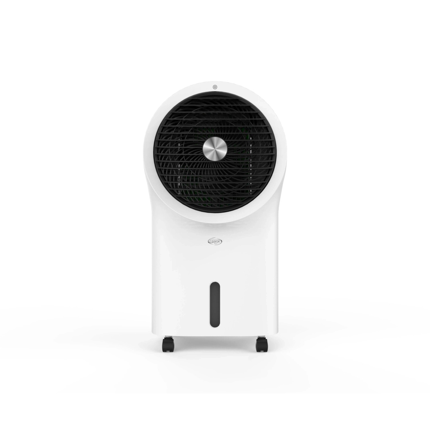 Ventilatore bianco mobile con uscita aria rotonda e ruote.