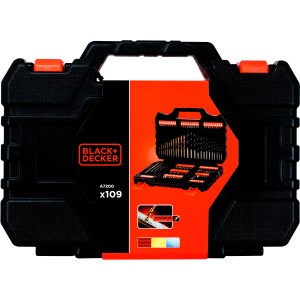 Set di attrezzi Black+Decker da 109 pezzi in valigetta nera.