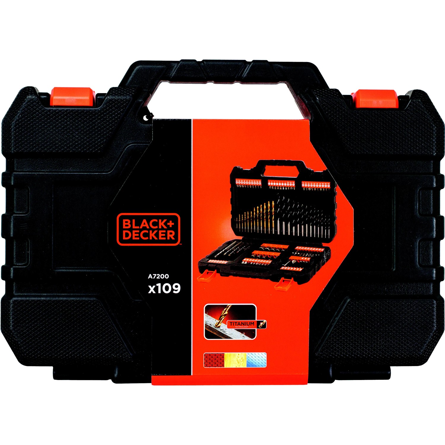 Set di attrezzi Black+Decker da 109 pezzi in valigetta nera.