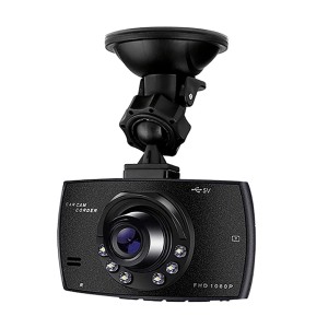 Dashcam nera per montaggio auto, accessorio interno auto.