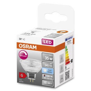Lampadina LED GU5.3 Osram, dimmerabile, 5W, bianco freddo. Confezione.