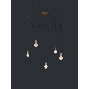 Moderna lampada a sospensione t.b.t. con sei luci e diverse forme di lampadine.