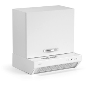 Pensile da cucina bianco con cappa aspirante integrata.