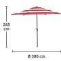 Ombrellone da mercato Honolulu, Ø 300 cm, a righe rosse e bianche, con manovella e dimensioni.