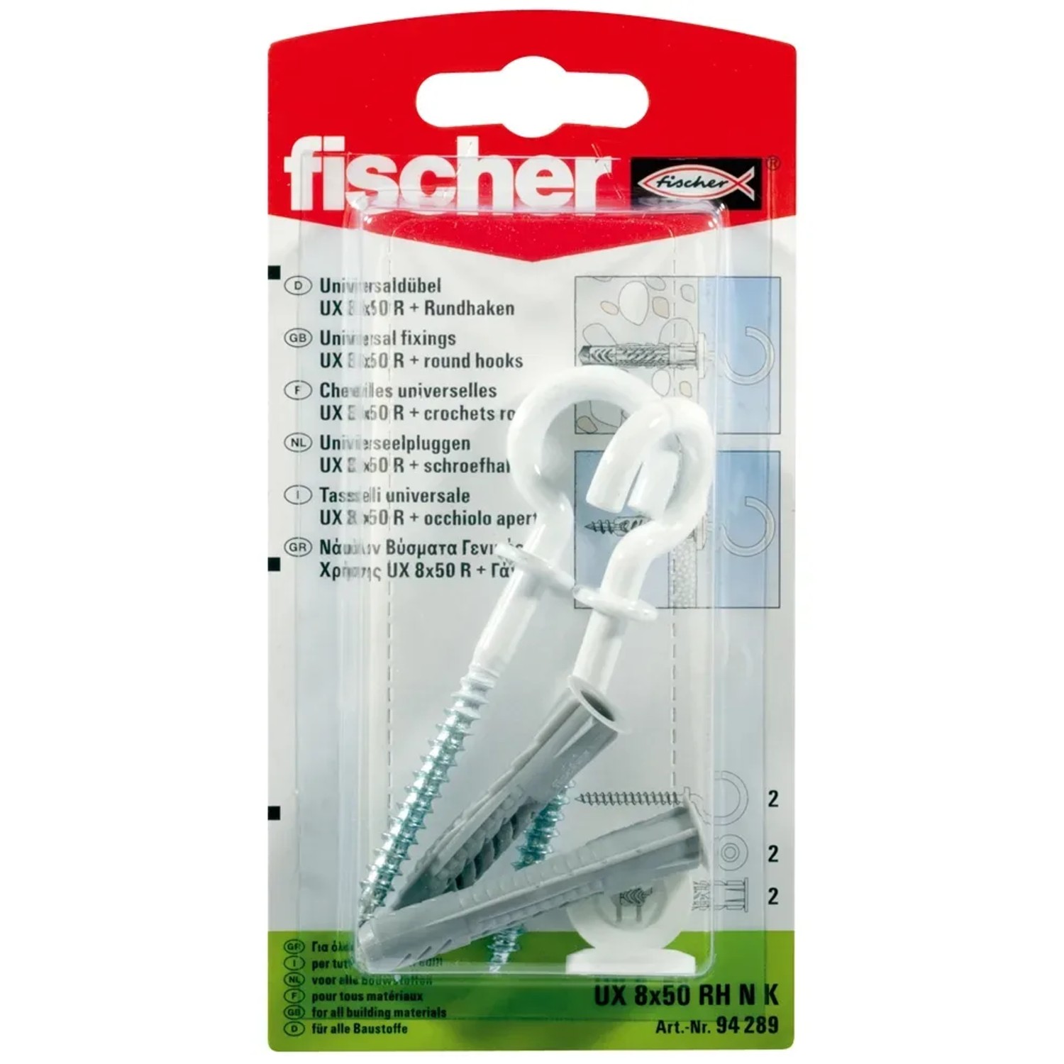 Fischer Tassello universale UX 8x50 con gancio tondo, adatto a diversi materiali.