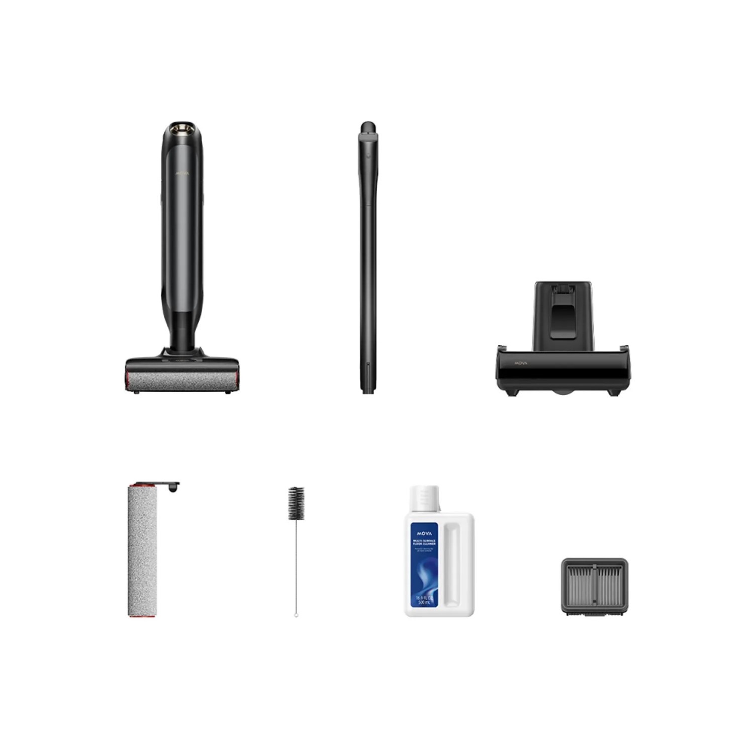 Accessori per aspirapolvere portatile Mova M10: ugelli, spazzola, filtro e soluzione detergente.