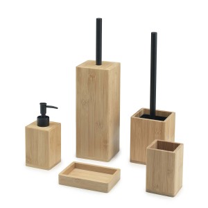 Set bagno t.b.t. in bambù con dispenser sapone, scopino WC, bicchiere e portasapone.