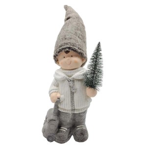 Figura decorativa ragazzo con cappello e abete per laghetto da giardino.